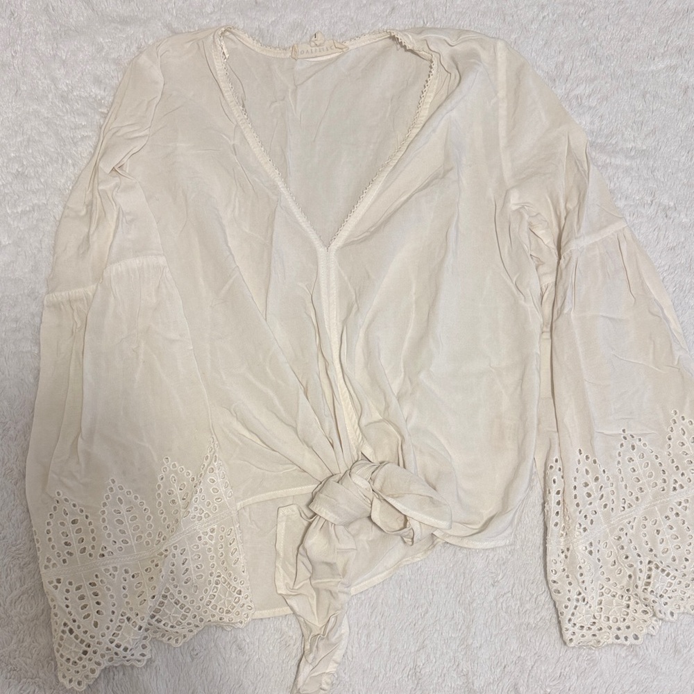 lovestitch Cream Tie-Front Eyelet Sleeve Blouse